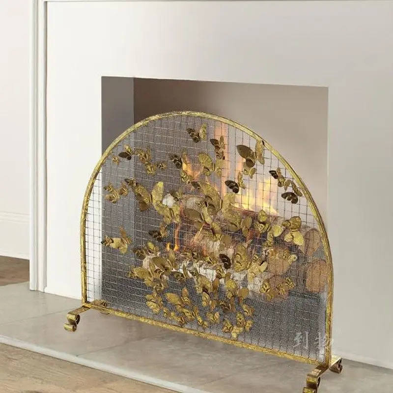 Living room European wrought iron butterfly mantel real fire fireproof guardrail with net gold mantel cover screen with net part