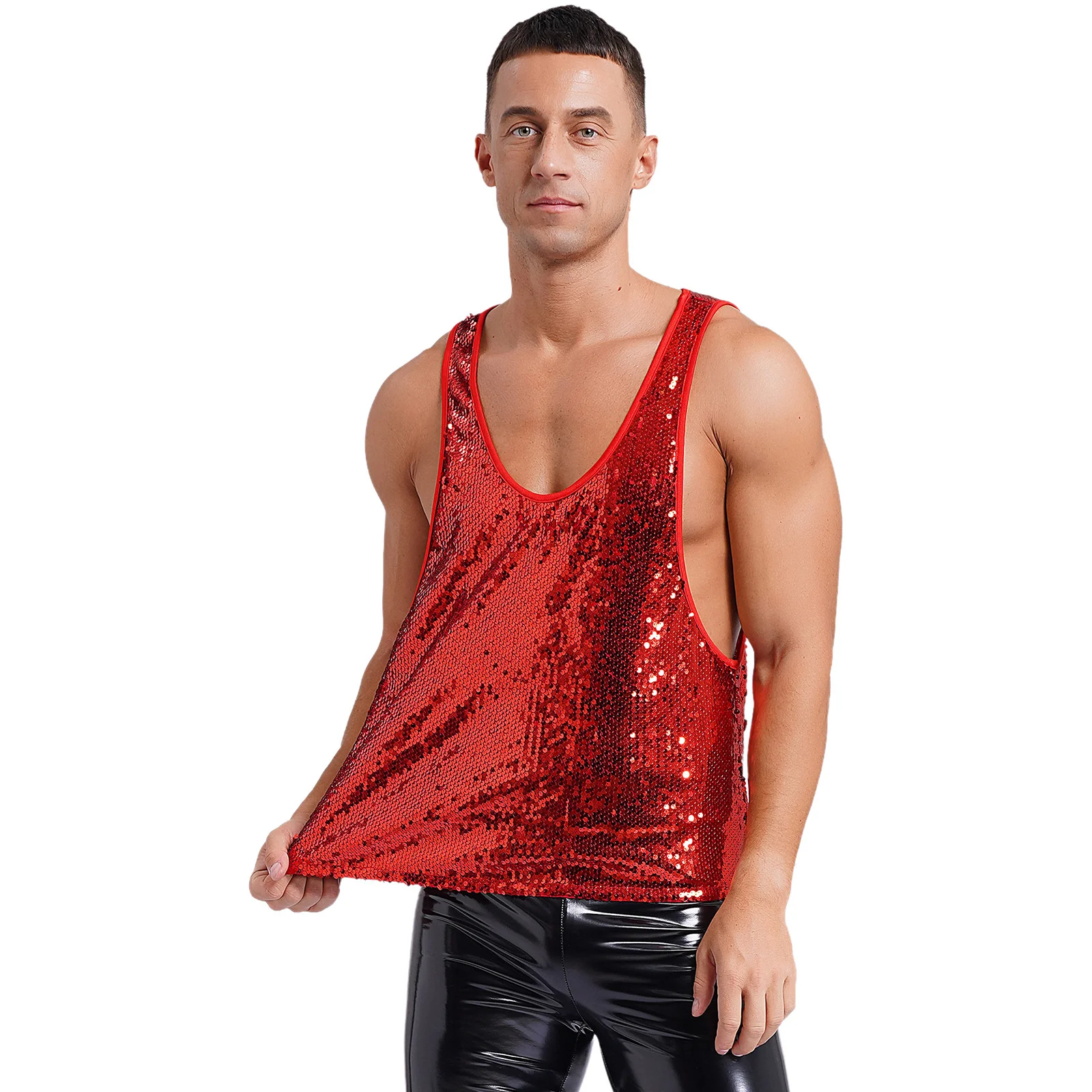 Mens Glitter Sequins Vest Tank Top Retro Disco Dance Party Dancewear Round Neck Lining Vest Waistcoat Musical Carnival Costume