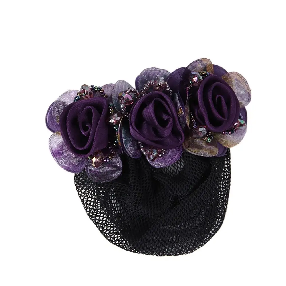 Hair Clip Barrettes For Flight Attendant Mesh Floral Spring Clip Flower Bun Snood Women Bun Net Zircon Crystal Hairnet Cover