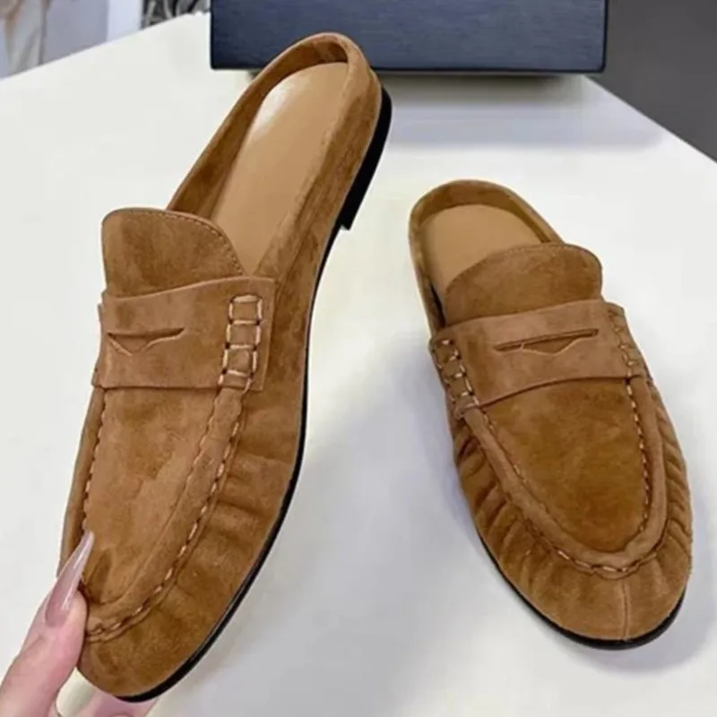 Dilalula 2026 Trend Natural Leather Pleated Mules Women Covered Toe Flat Heel Slippers Female Quality Casual Sandals Vacation