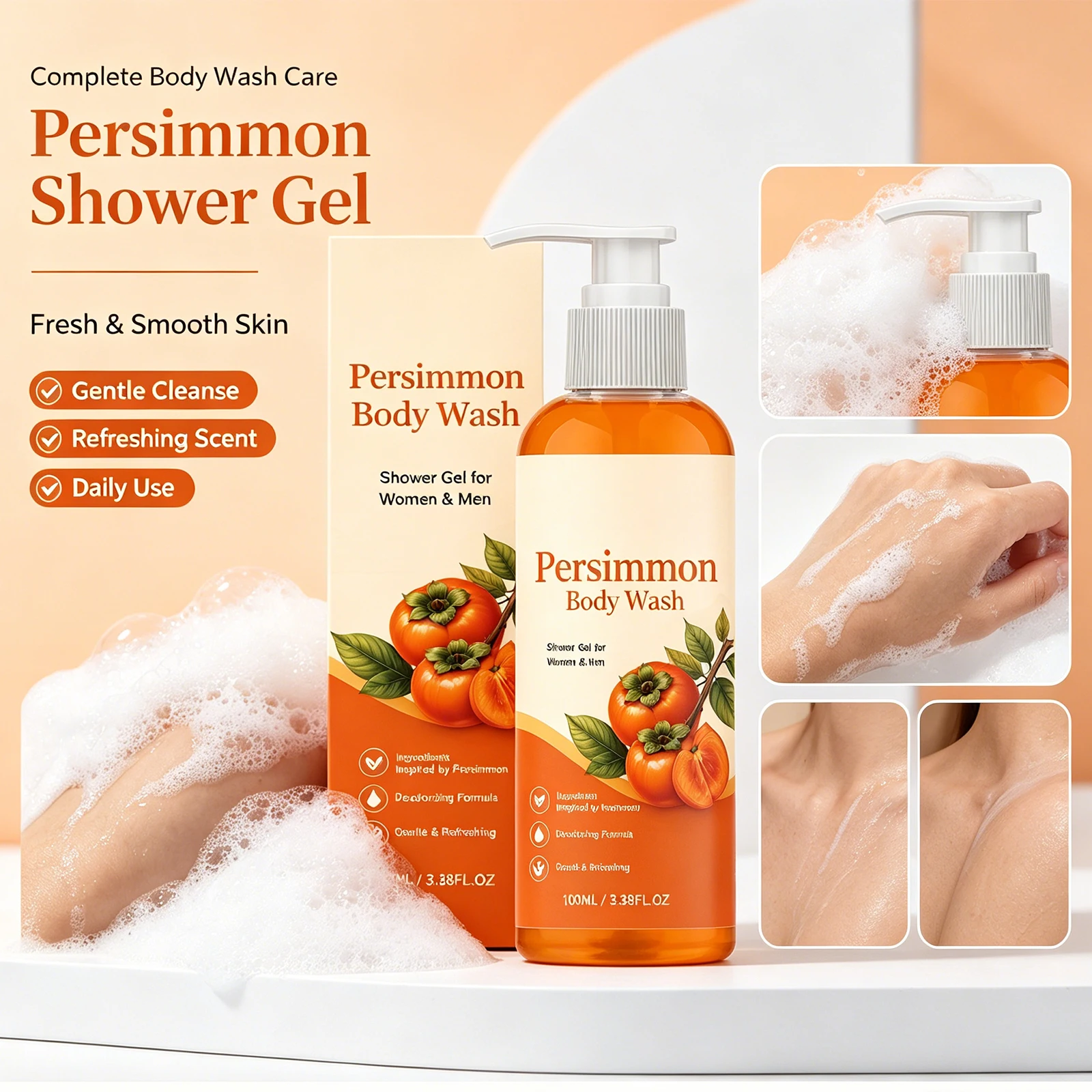 Persimmon Fresh Body Wash Refreshing Cleansing Exfoliating Hydrating Smooth Skin Lasting Fragrance Odor Control Shower Gel 100ml