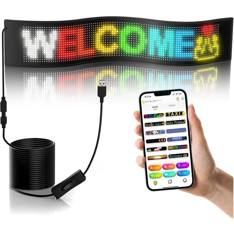 5V USB RGB Display LED Car Sign APP Programmable LED Display DIY Design Text, Patterns and Animations Scrolling Led Car Sign