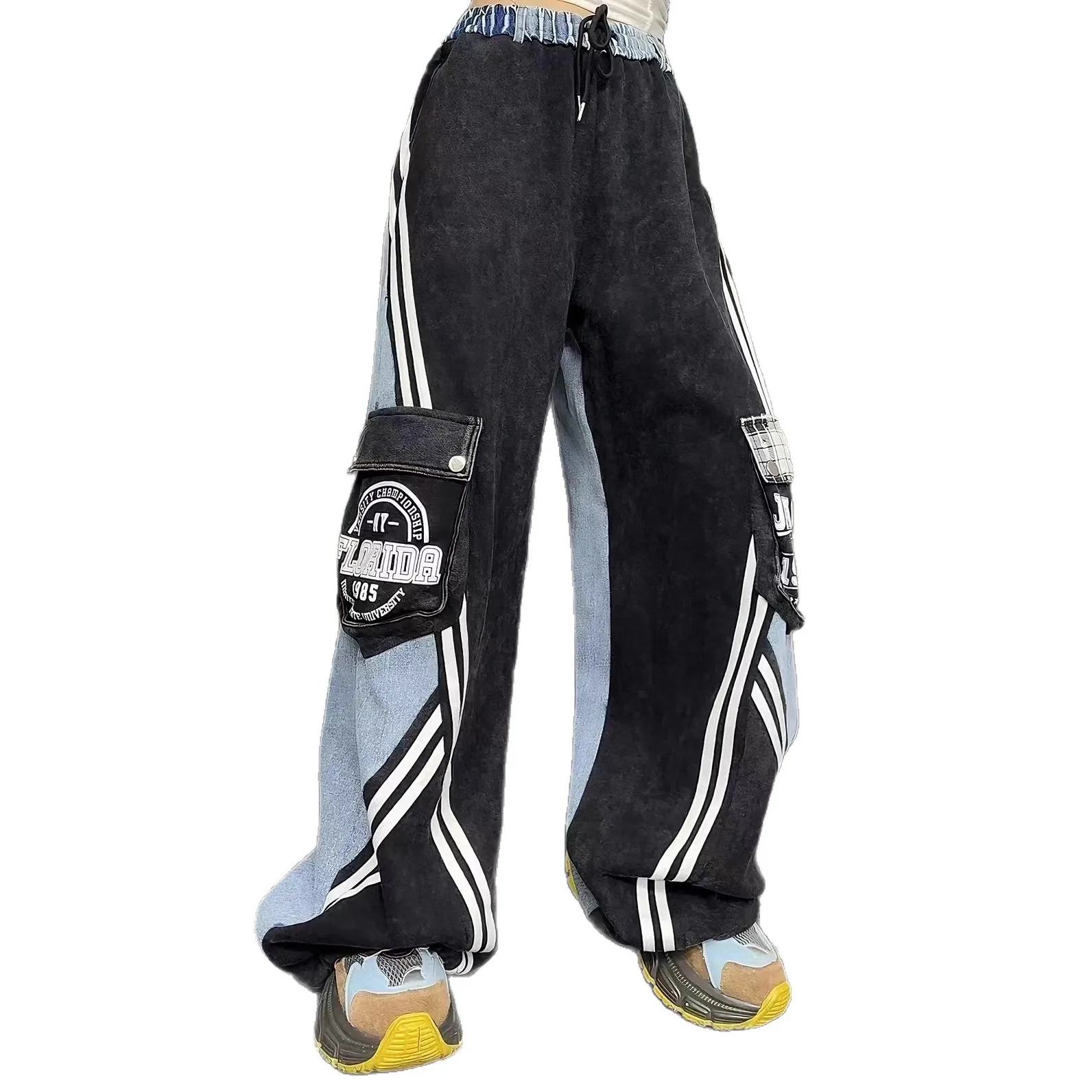 النمط الأوروبي المرأة الجينز 2025 الخريف الشتاء جديد شخصية الدنيم المرقعة غسلها القطن إلكتروني طباعة جيب السراويل الطويلة #5