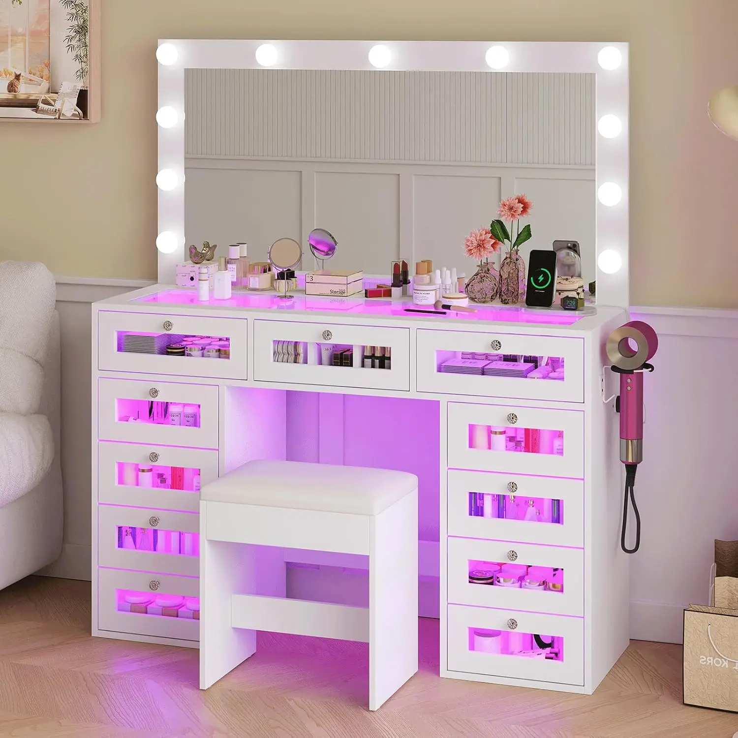 White Luxury Makeup Vanity with 11 Drawers & RGB Lights, Large Vanity Table with Padded Stool & 11 LED Bulbs, Customized