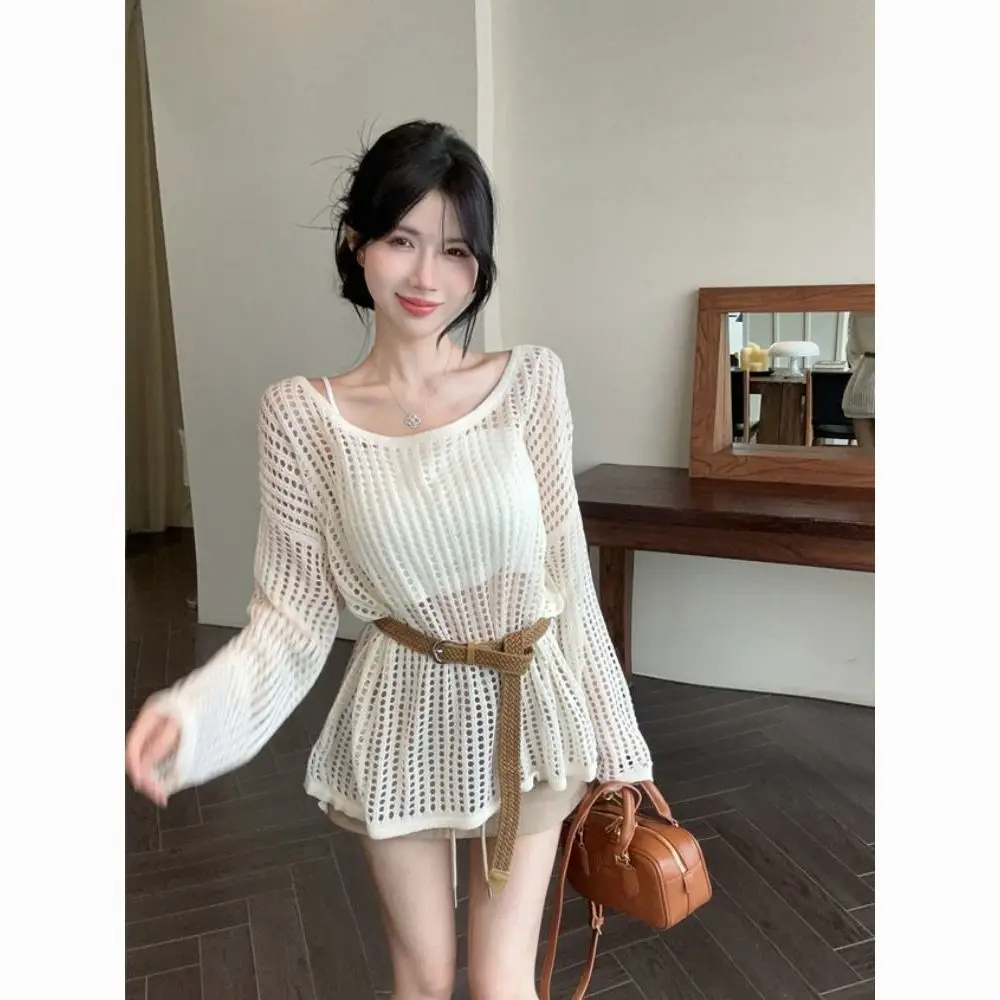 Bohemian Shoulder Slit Knitted Cover up Women's Spring Summer Long Sleeve Sun Protection Top for Beach Vacation