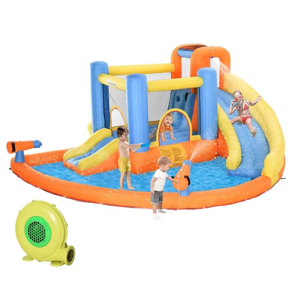 

Inflatable Water Slide, Kids Bounce House Water Park with Pool, Climbing Wall, Water Cannon, Dual Slides, Trampoline, 5in1 Boun