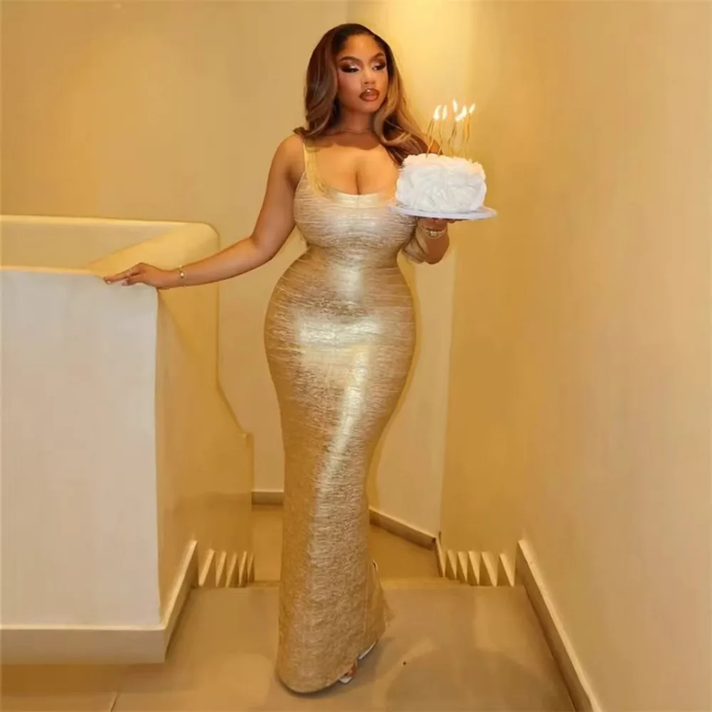 Hot Stamping Golden U-Neck Sleveless Hips Package Bandage Long Dress Backless High Waist Slim Dress Evening Party Dress Cocktail