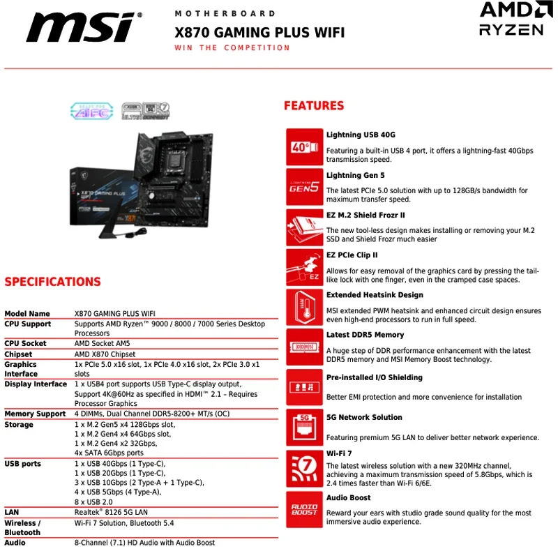 اللوحة الأم للألعاب MSI X870 GAMING PLUS WIFI تدعم وحدة المعالجة المركزية 9900X3D/9950X3D/9800X3D (AMDX870/socket AM5) R9 9900XR5 7600X