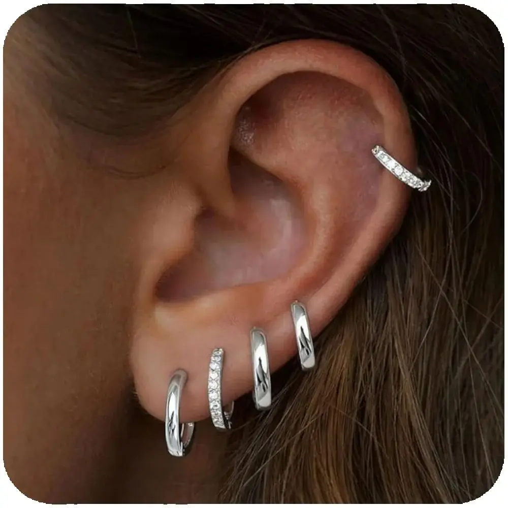 5 Paar 925 Silber Plattierte CZ Creolen Set, Knorpel-Helix Funkelnde Zirkonia Huggie Ohrringe Schmuck für Frauen – Detail 4