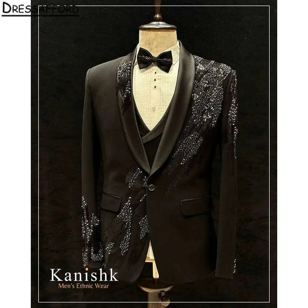 

Black Formal Wedding Suits Luxury Beading Pearls Men's Business Suit 2 Pieces Jacket+Pants Man Tuxedo Groom Wear
