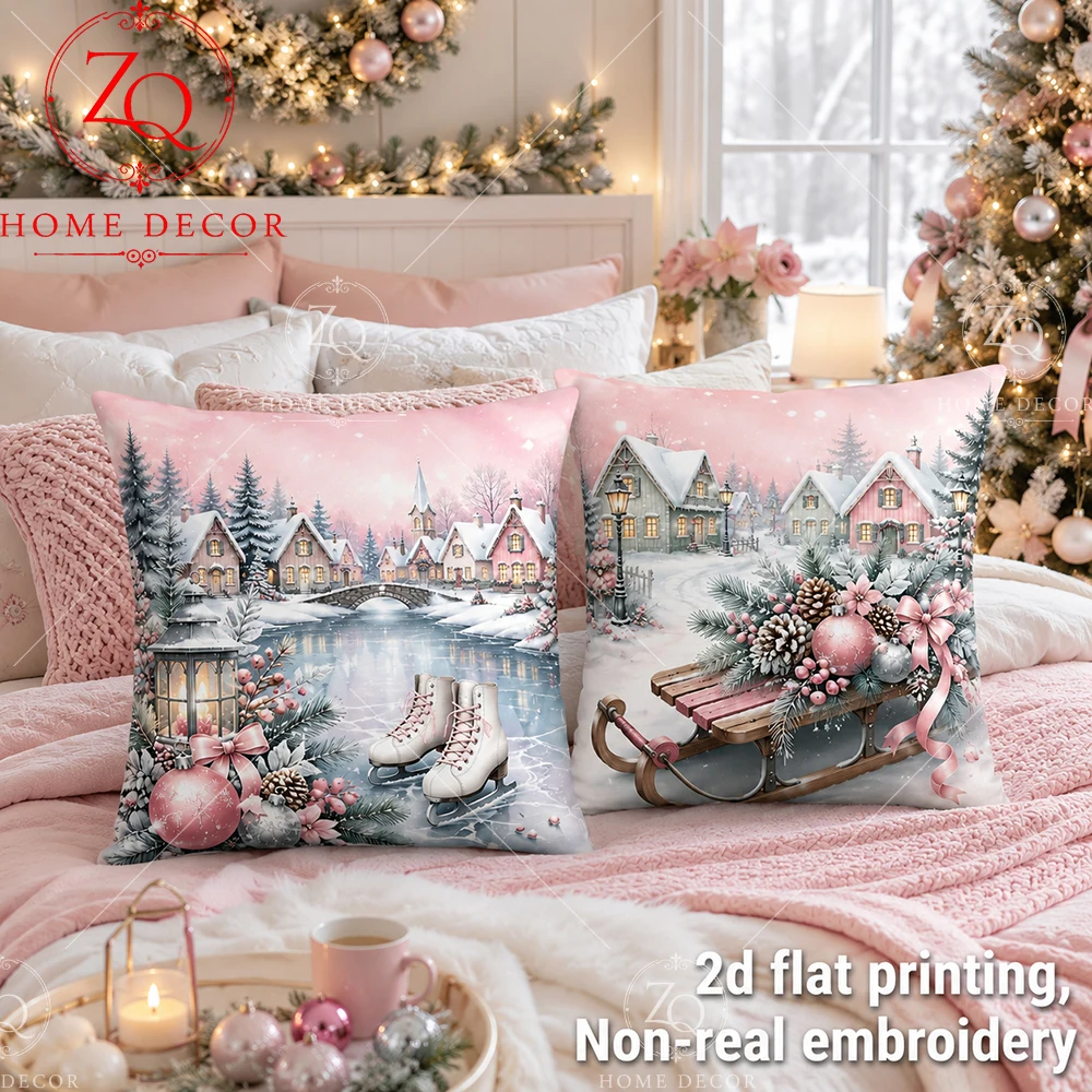 Peach Fleece Christmas Winter Pink Snow Village Sleigh  Ice Skating Throw Pillow Covers For  Bedroom