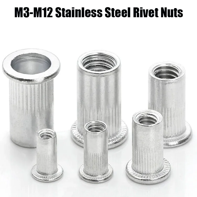 5/10/20pcs Stainless Steel Rivet Nut M3 M4 M5 M6 M8 M10 M12 Knurled Nut Rivnut Flat Head Threaded Rivet Insert Nutsert Cap