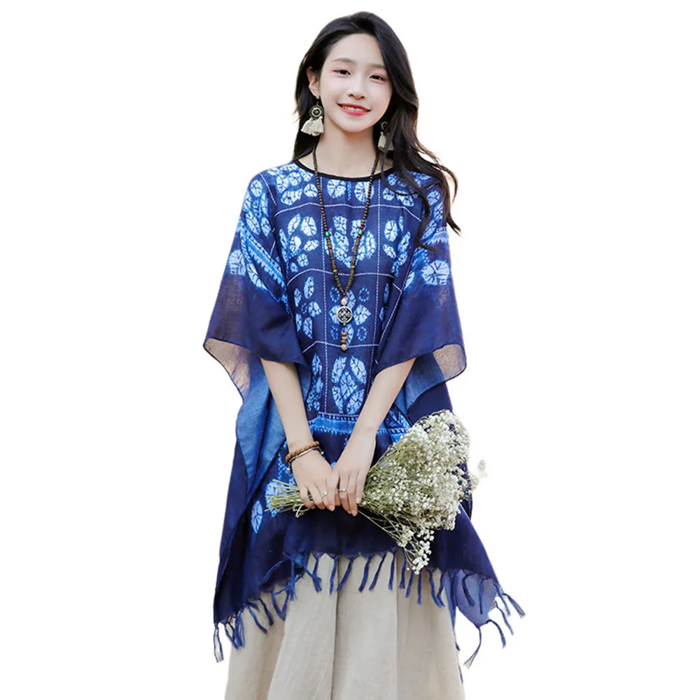 Retro Tie Dyed Ethnic Style Shawl Summer New Women's Tassel Tops Cape Casual Print Pullover Cloak Ladies Blue Tassel Ponchos