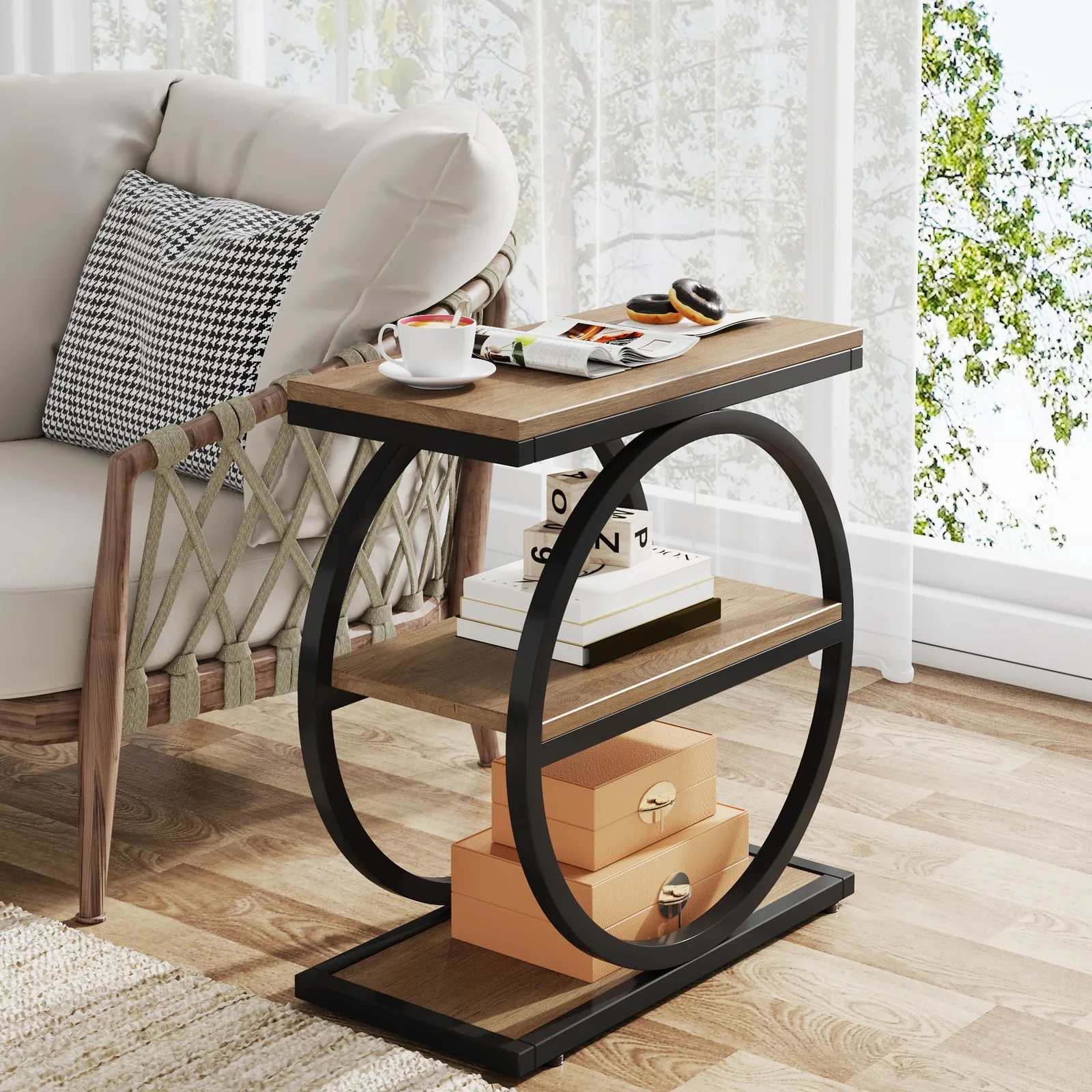 

3-Tier Side End Table, Industrial Sofa Table with Metal Frame for Living Room