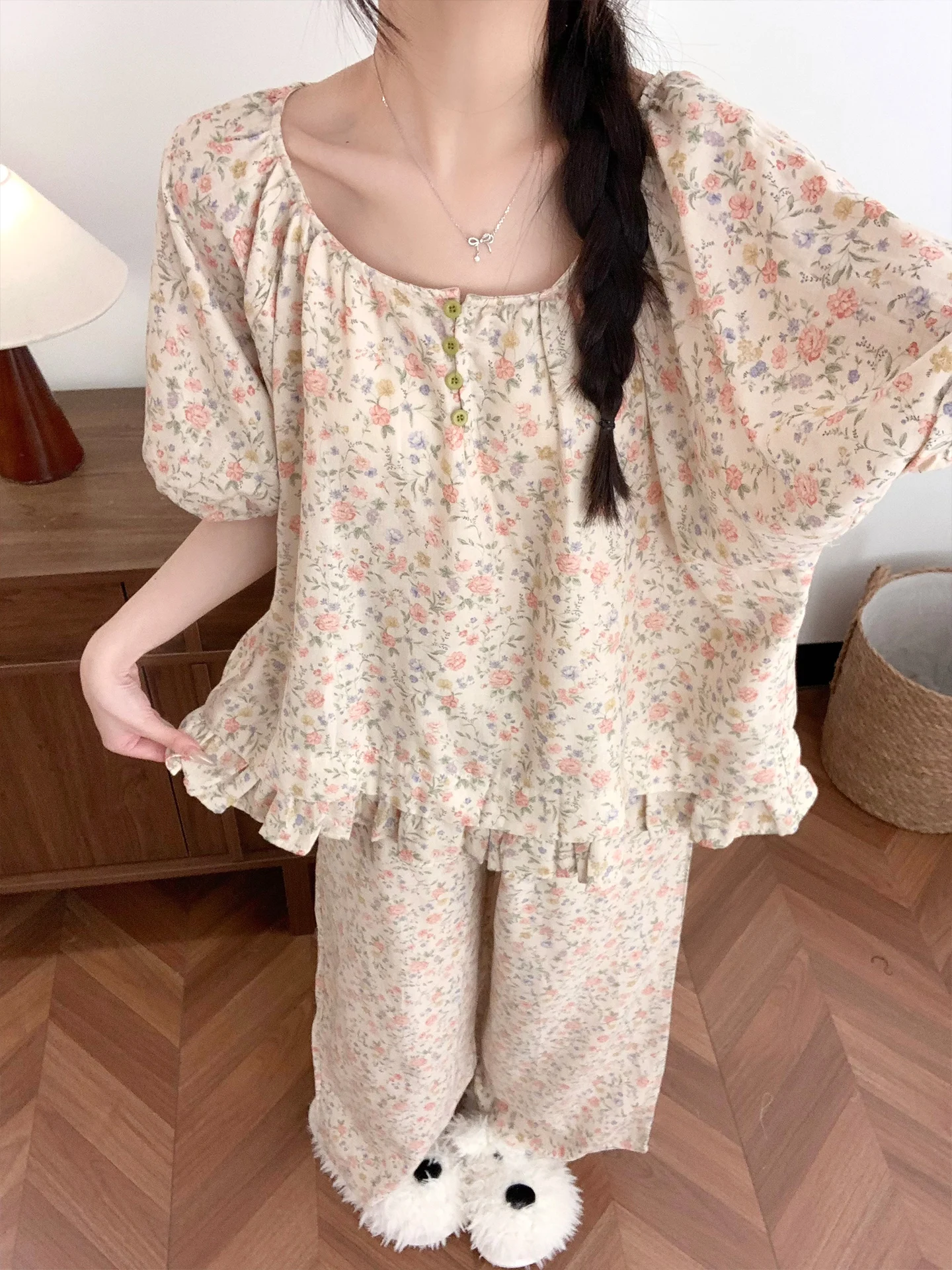 summer-pure-cotton-sleepwear-set-women's-short-sleeve-double-layer-gauze-bubble-sleeve-floral-print-home-clothes-pink
