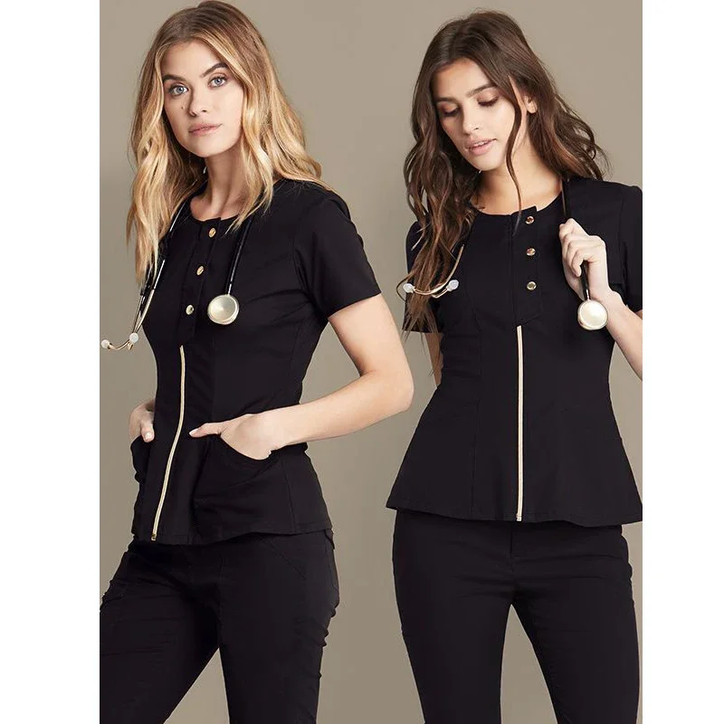 Ensemble de gIslande personnalisé pour femme, haut et pantalon à fermeture éclair en métal, uniforme d'infirmière, vente en gros