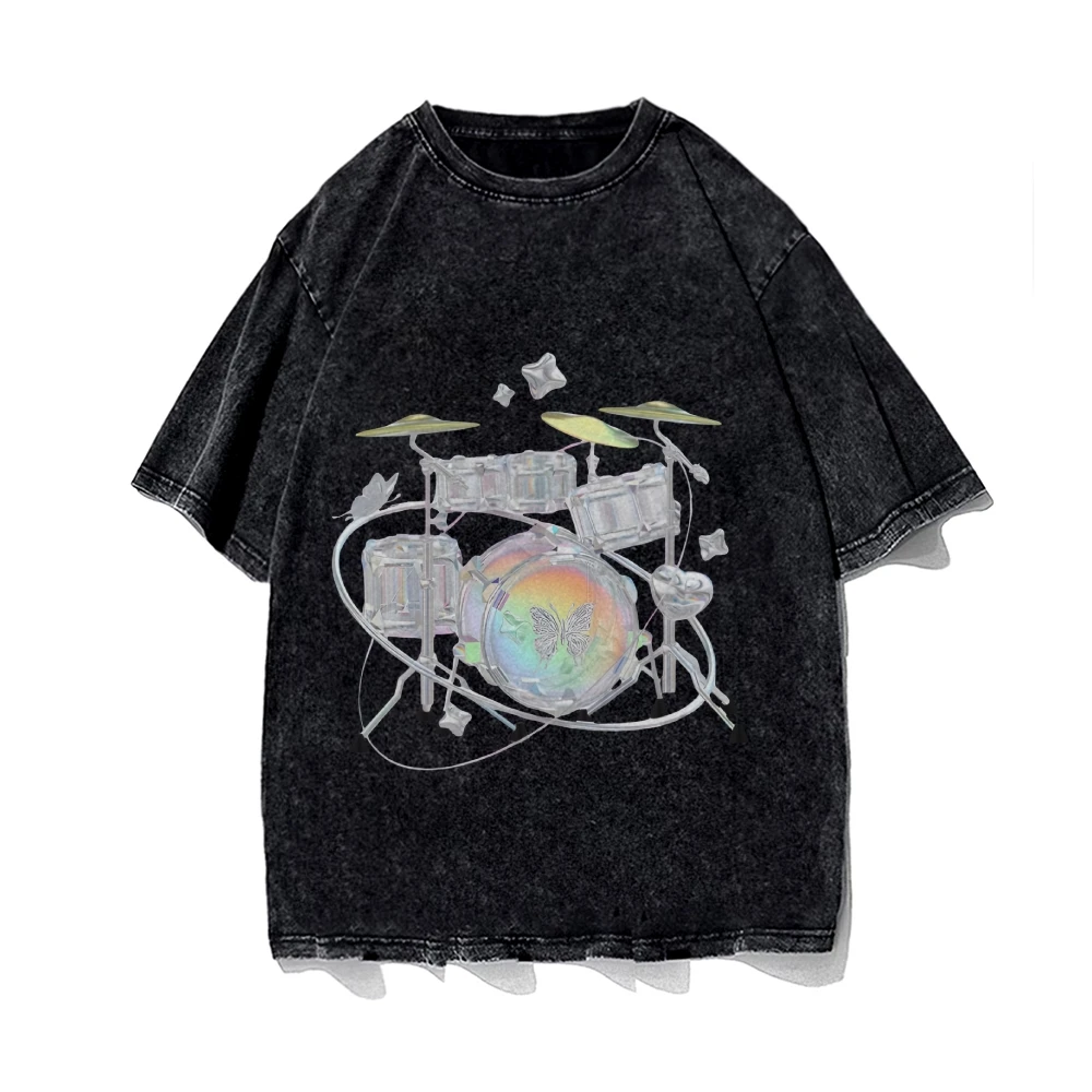 

Y2K Clothes Drum Set Tee 100% Cotton, High - Quality Oversize Washed Tee. Iridescent Drums & Butterfly, Rock Y2K Vibe