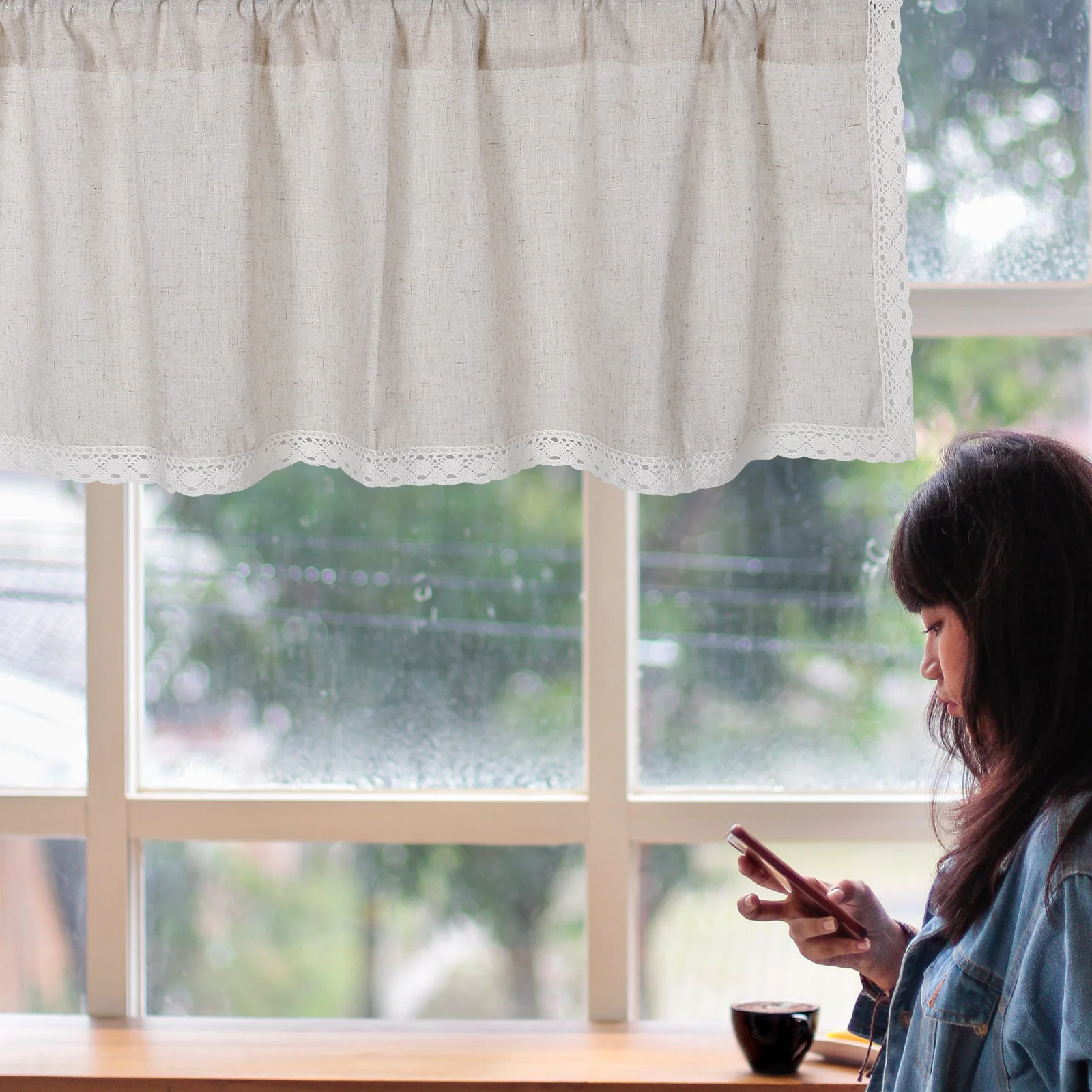 

Rustic Short Linen Curtain for Kitchen Bathroom Window Farmhouse Style Dust Proof Cafe Valance Natural Light Filter Decor