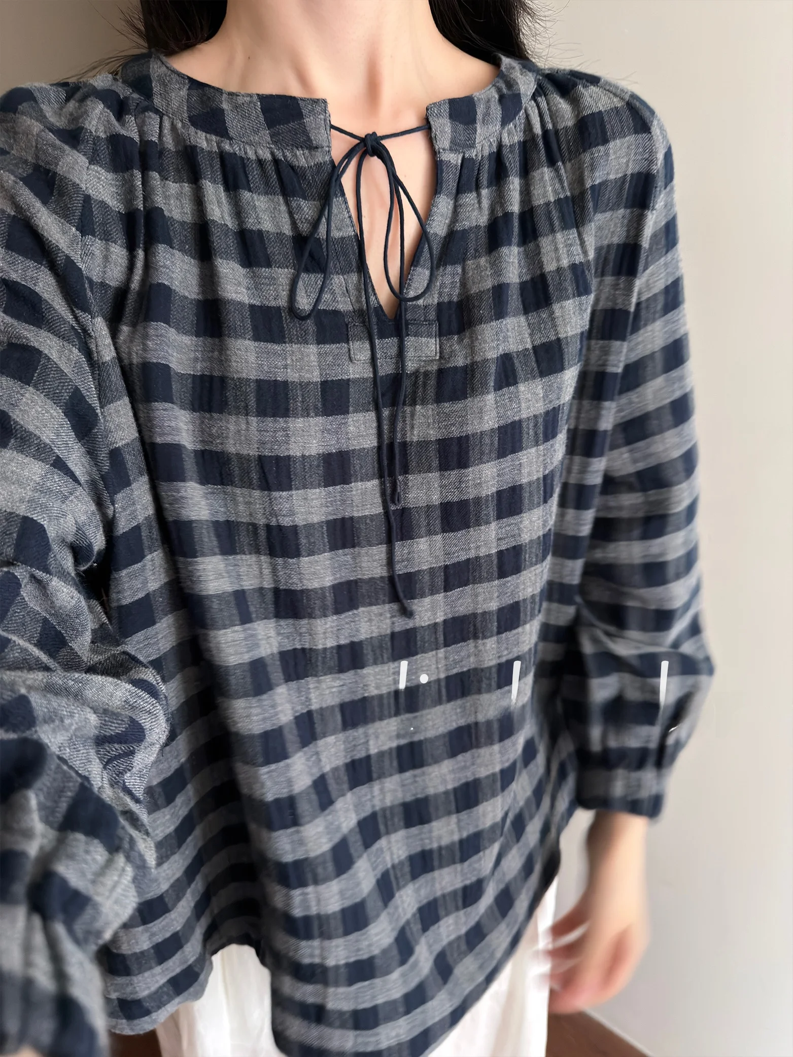 

Jiaoyang "Washed Clean Inner Radiance" Artistic Elegant High-Stitch Combed Cotton Plaid Loose Top Women's Shirt