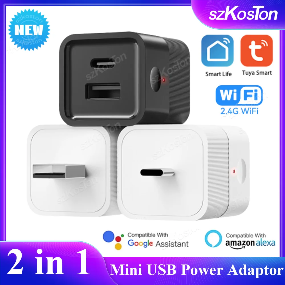 

Tuya WiFi Smart TypeC USB Adaptor Switch 2 in 1 Mini USB Power Adaptor Smart Timing Voice Charger Plug Works with Alexa Google