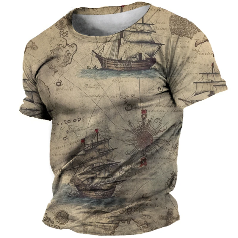 3D Vintage Compass Print T-Shirt For Mens Short Sleeve Tops Fashion Street Ship Graphic T Shirt Oversized Tee Shirt Men Clothing