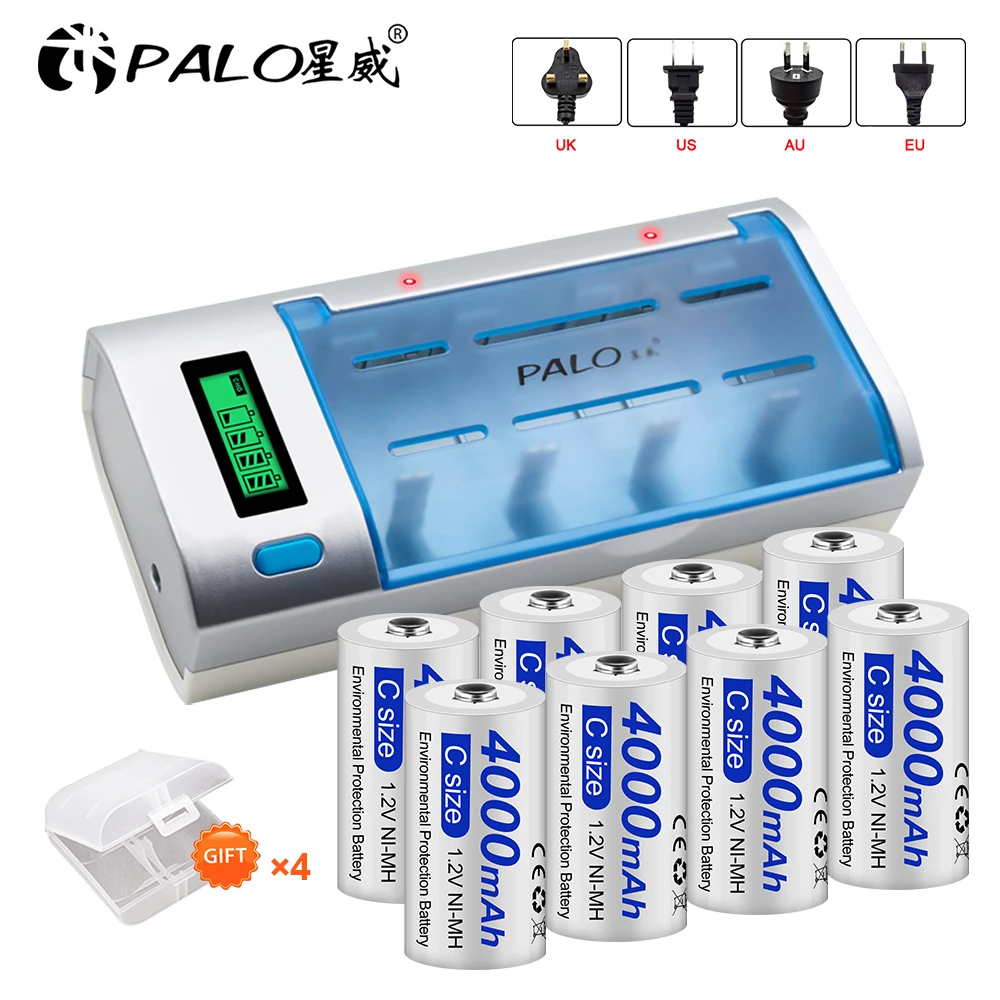 

PALO 1.2V 4000mAh C Cell NI-MH Rechargeable Battery C Size NIMH Batteries + Fast Charging LCD Display Smart Battery Charger