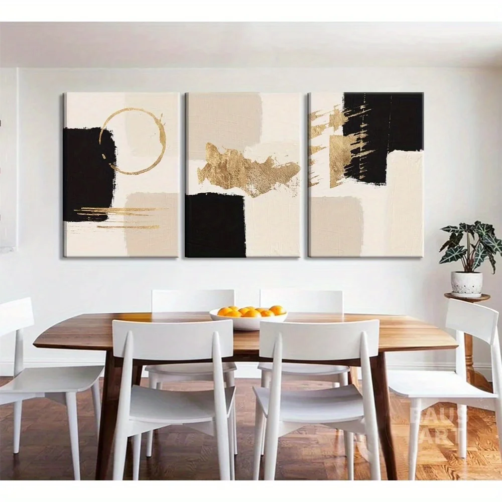 3 Stück gerahmte Leinwand, gerahmt, schwarz und golden, abstrakte Wandkunst, böhmische, minimalistische, geometrische Leinwand-Posterdrucke, beige, goldenes Avize