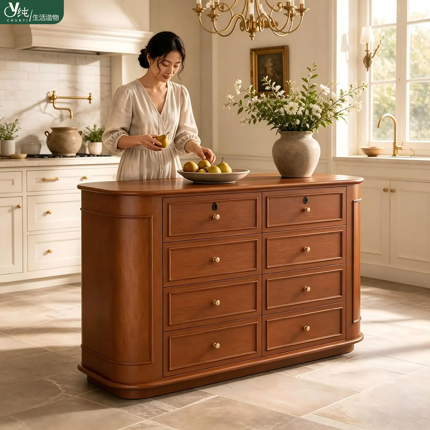 Retro solid wood island dining table integrated storage drawer cabinet multi-functional medium and ancient style kitchen island