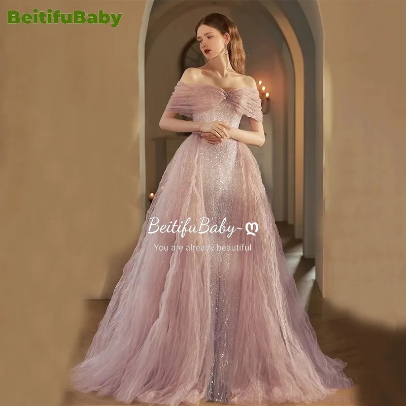 

BeitifuBaby Evening Dress for Women Elegant Off The Shoulder Sleeveless Lace Sequins Mermaid Skirts Light Luxury Party Dresses