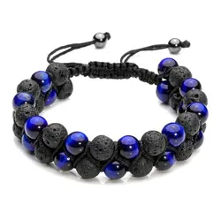 Classic Natural Stone Beads Men Bracelet Double Layer Black Lava Tiger Eye Stone Charm Bracelet Bangles Men's Jewelry Gift