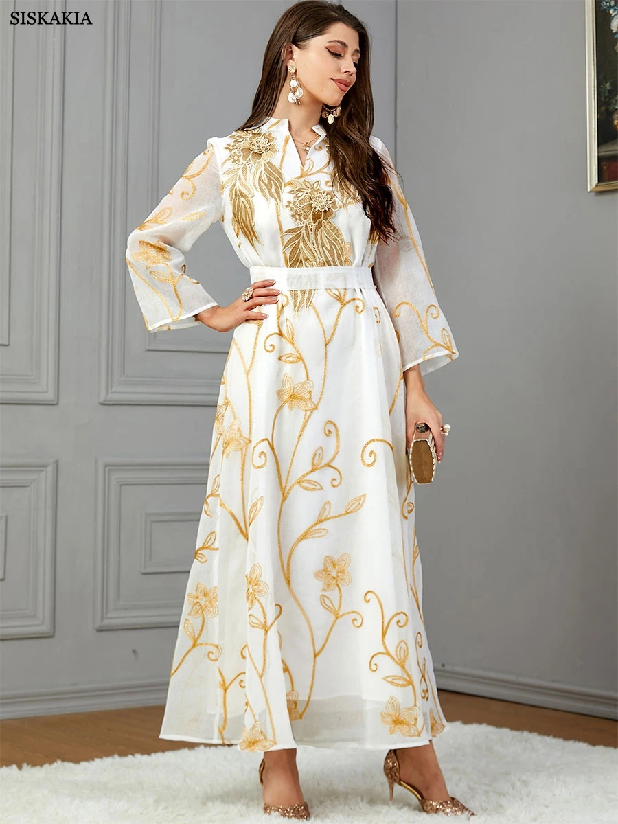 Siskakia Fashion Mulsim Gold Stamping Floral Embroidery Guipure V-Neck Long Sleeves Floral Dress With Belt Long Arab