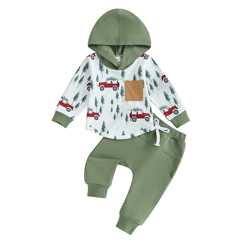 2023-10-06 Lioraitiin 0-3Y Newborn Baby Boys Christmas Clothes Sets Car Print Long Sleeve Hooded Sweatshirts Pocket Pants Outfit