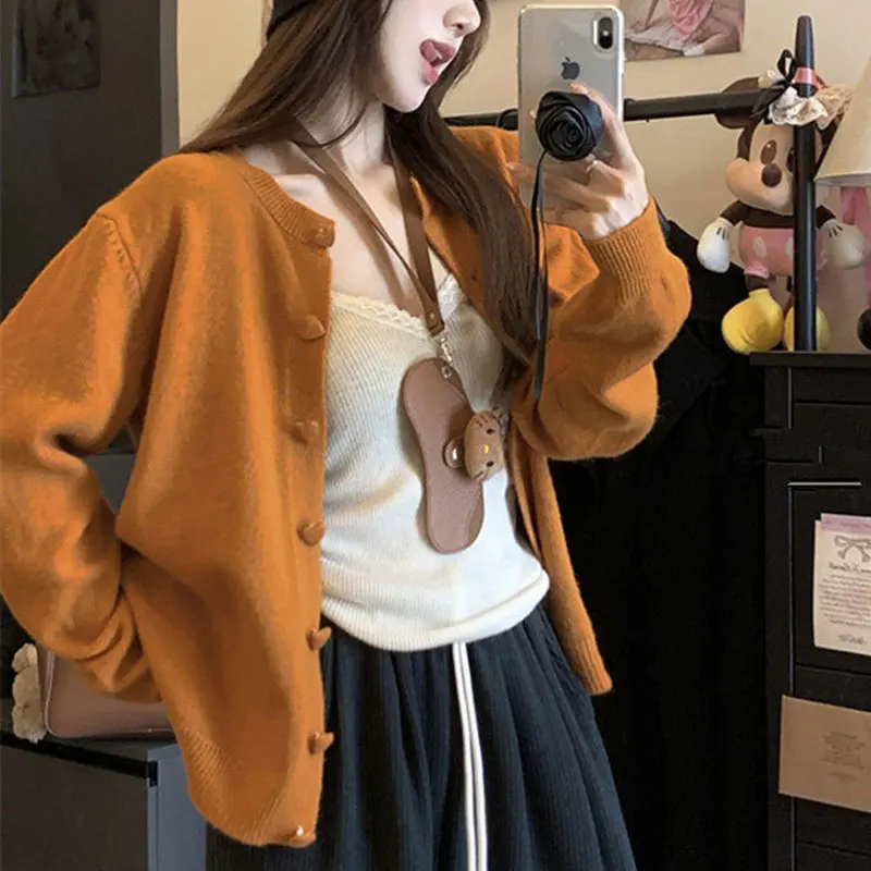 Korean Solid Color Knitted Sweaters Women's Clothing Fashion Heart-shaped Single-breasted Autumn Winter Casual O-Neck Jumpers