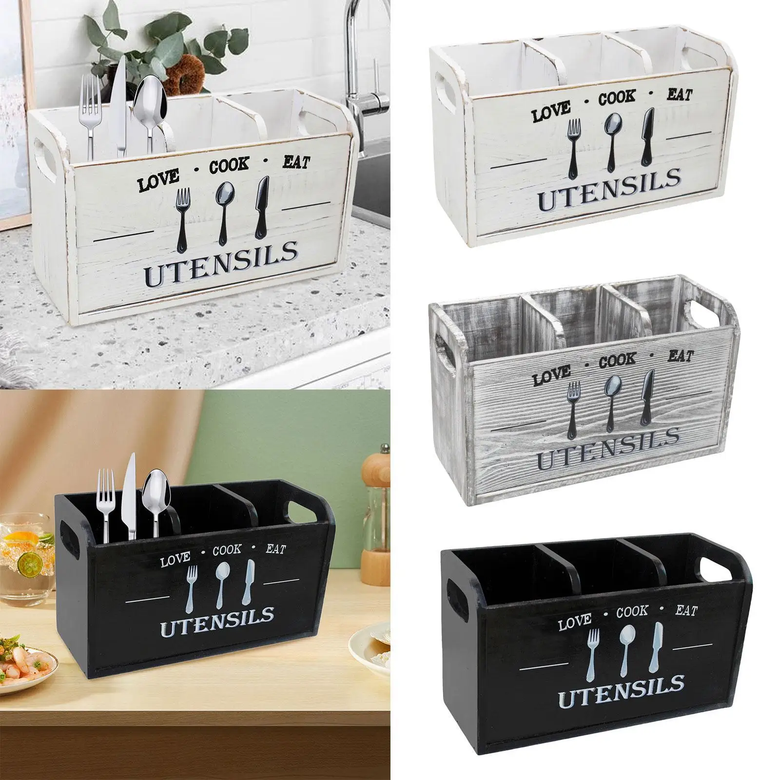 Wooden Utensil Holder Countertop Organizer for Kitchen Cutlery Spoon Fork Knives Tableware Storage Vertical Bin