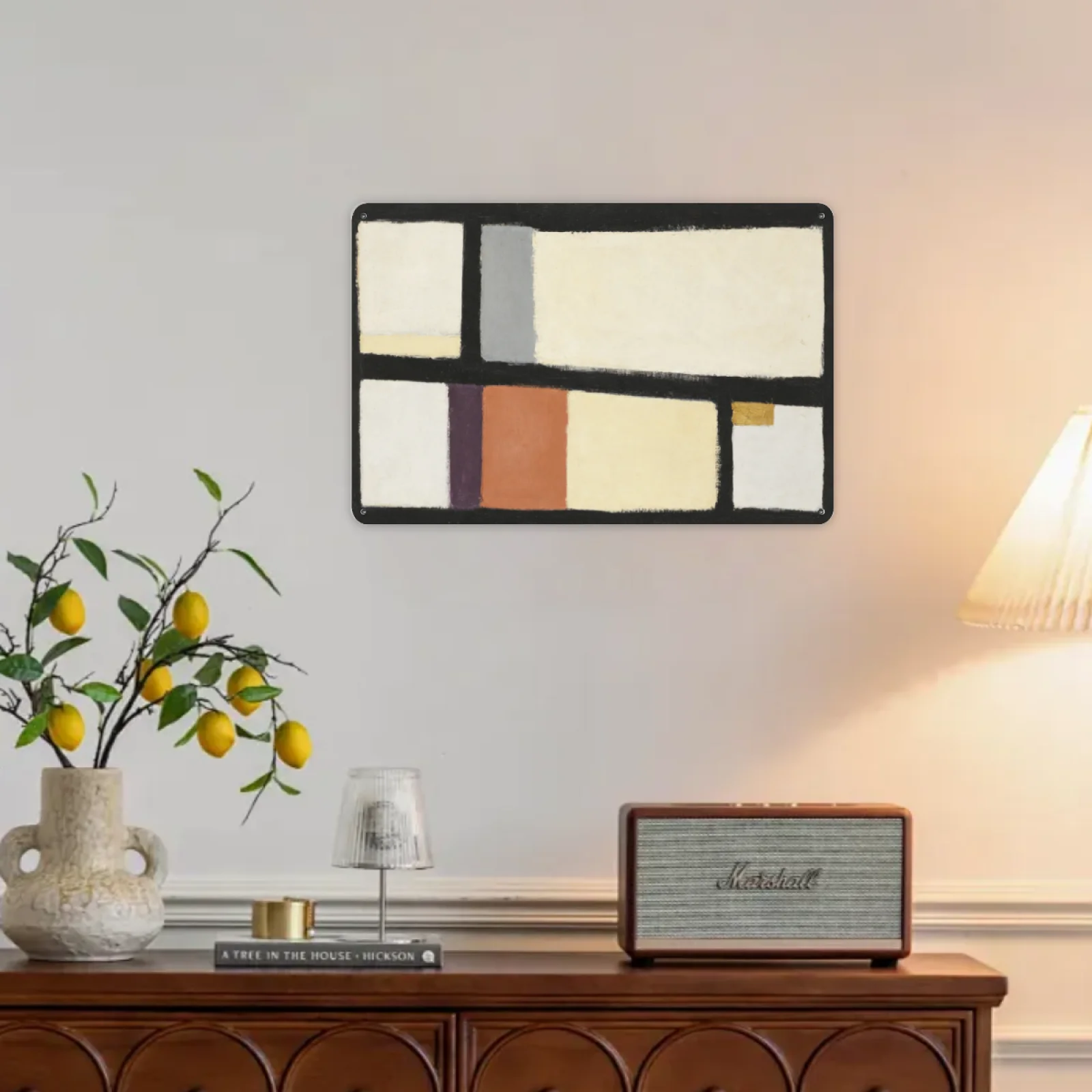 Abstract Geometric Color Block Metal Tin Sign Mid Century Modern Wall Art Minimalist Retro Wall Decor Plaque for Living Room Bedroom Office Home Decoration