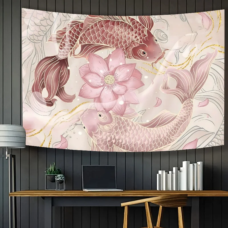 Oriental Koi Carp Lotus Wall Tapestry Pink Gold Floral Fish Wall Hanging Room Decoration