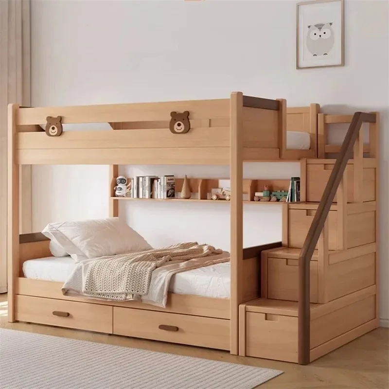 

Двухъярусная кровать из массива дерева с книжной полкой, материнская кровать, цвет бревна, детская двухъярусная кровать с ящиком, двухъярусная кровать, двухъярусная кровать для детей, кровать для малышей