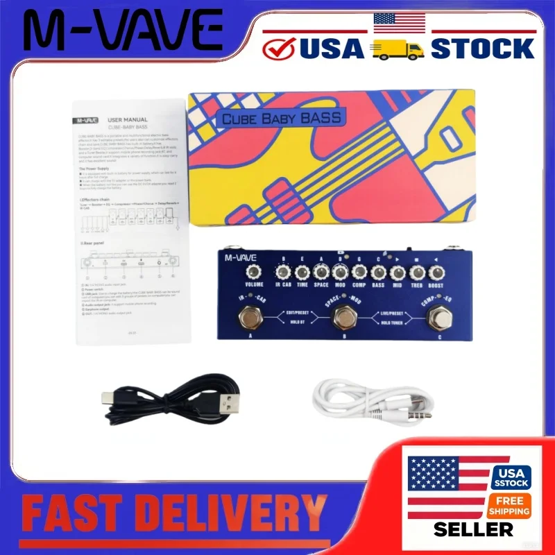 

M-VAVE Cube Baby Bass, мультипедаль эффектов, 8 ИК-шкафов, компрессорный тюнер, 48 кГц, USB-C, перезаряжаемый, портативный для электричества