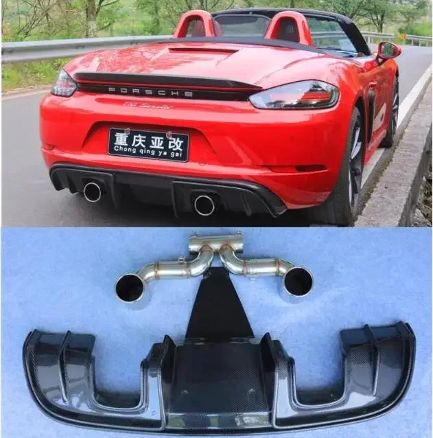 New！ GT4 Real Carbon Fiber Rear Bumper Lip Diffuser Spoiler With Exhaust Tip For Porsche 718 Cayman Boxster  2016-2021