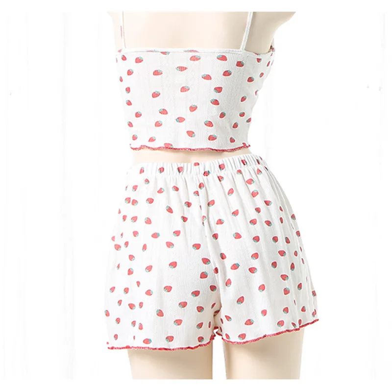 Women\'s Pajamas Suspenders Strawberry Print Cotton Shorts Two Piece Set Summer Cute Style Comfortable Sleepwear Pajamas Set