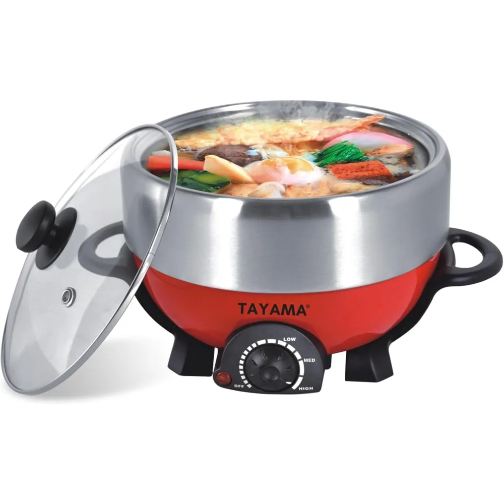 

Shabu and Grill,Red Electric Multi-Cooker with Stainless Steel Pot, 3Qt