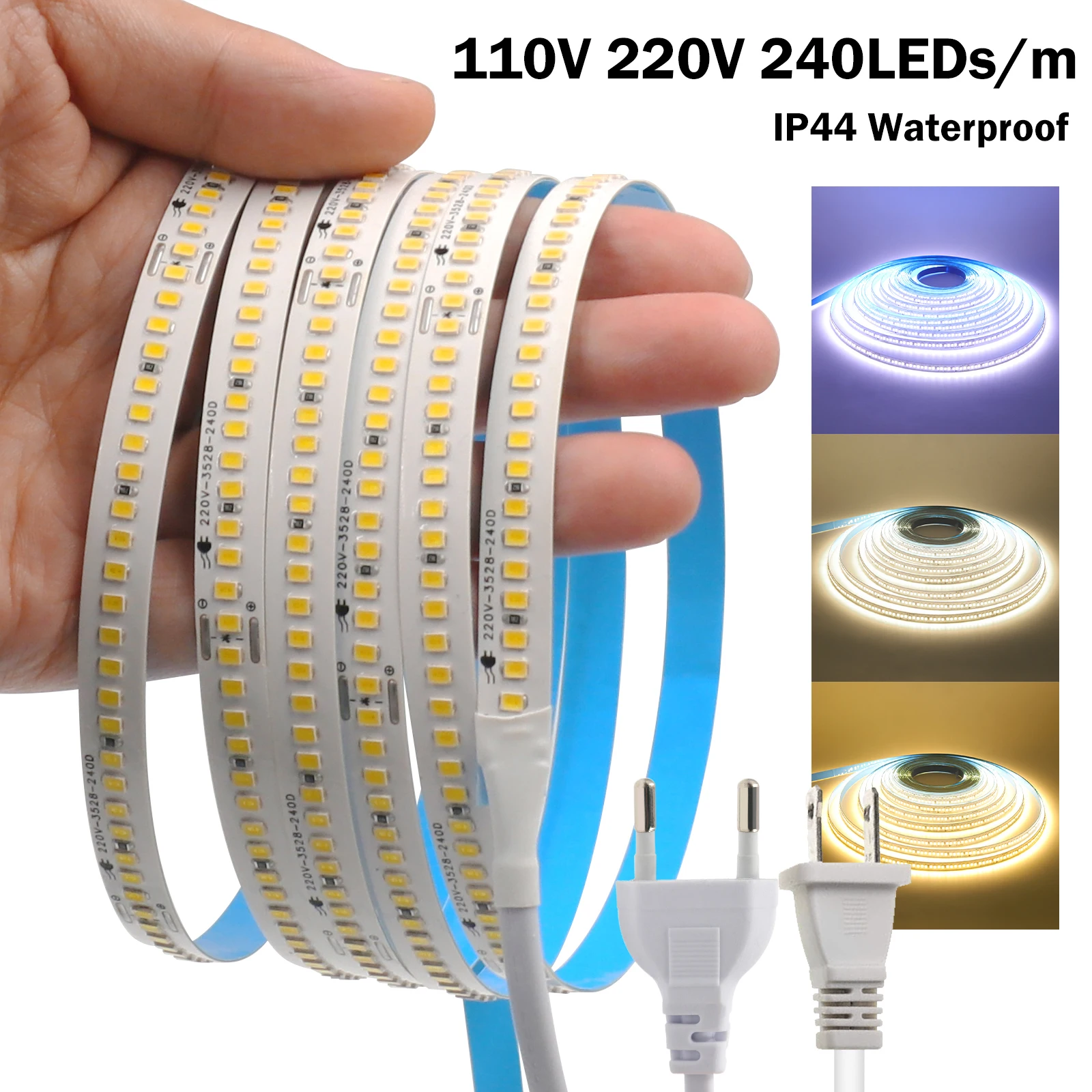 5M 10M 15M 20M LED Strip Lights 220V 110V with EU US Plug High Bright 2835 240LEDs/m IP44 Waterproof Flexible Lamp Adhesive Tape