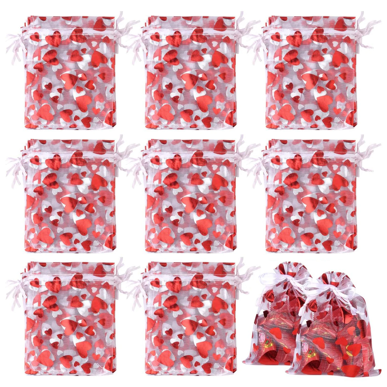 

50Pcs 8x10cm 9x12cm Heart Printing Drawstring Organza Bags Jewelry Packaging Bags Valentine's Day Wedding Party Gifts Pouches