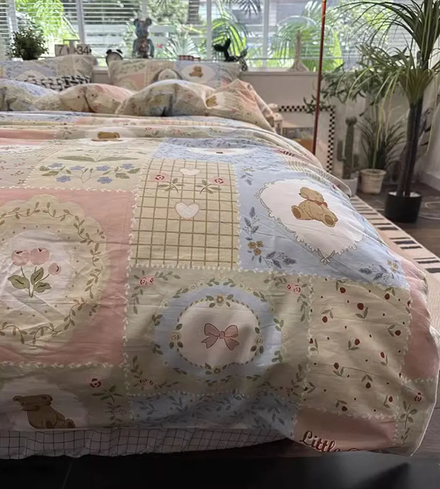 Vintage bear flower leaf bedding set 1.2 1.5 1.8 2.0,twin full queen king cotton home textile bed sheet pillow case quilt cover