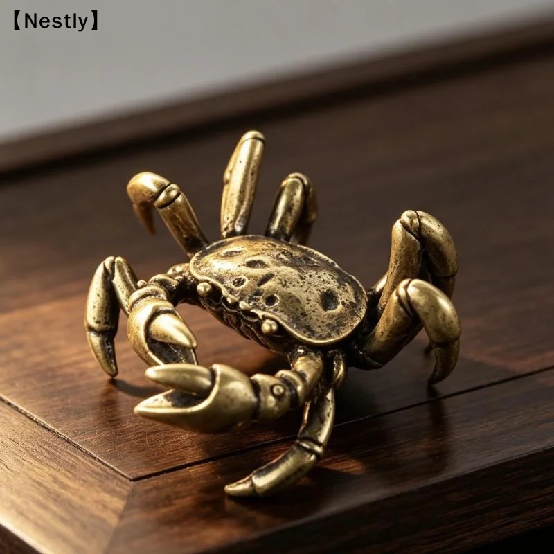 Solid Brass Crab Figurine Vintage Antique Finish Hand Carved Details Perfect For Home Decor Collection Display〔Nest〕