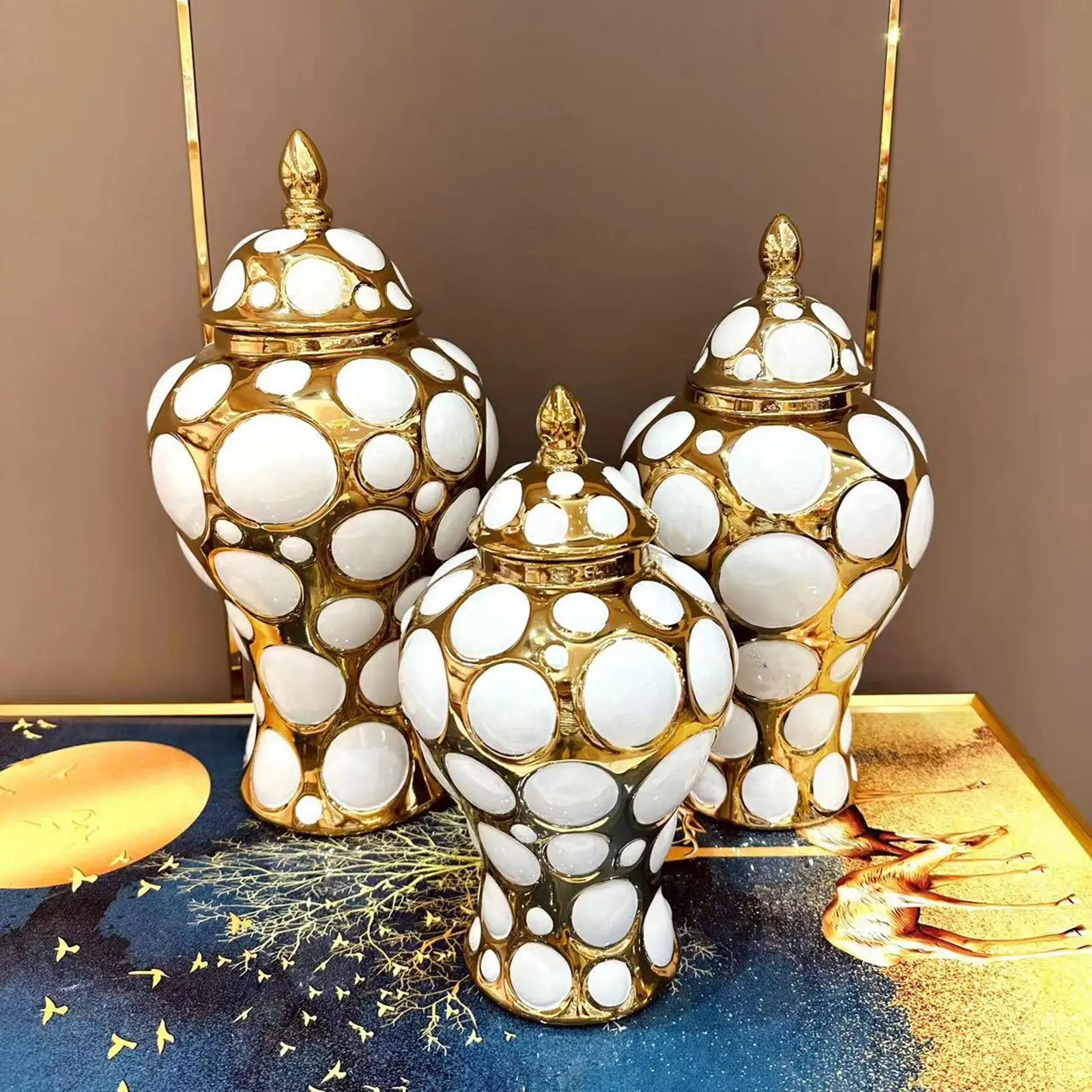 Porcelain Ginger Jar Ceramic Flower Vase Decoration Table Centerpieces with Lid