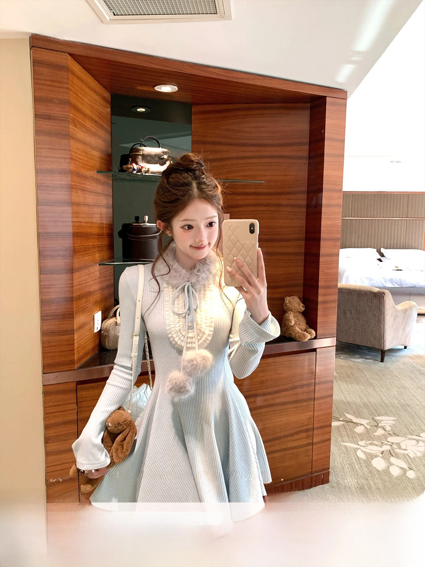 

Acaine Winter Mid-Length Blue Slimming Knitted Dress Women's Fashion Sweet Style A-Line Skirt Long Sleeve Casual Dress