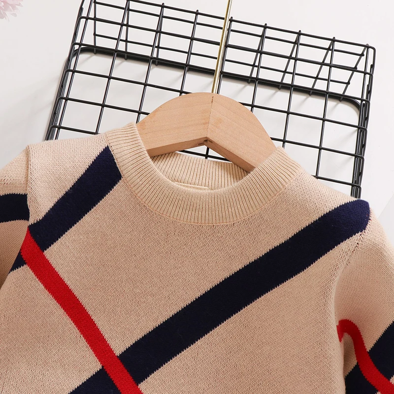 New Autumn Winter Children\'s Sweater Underlay T-Shirt Round Neck Double Layer Cotton Stripe Small and Medium Sweater