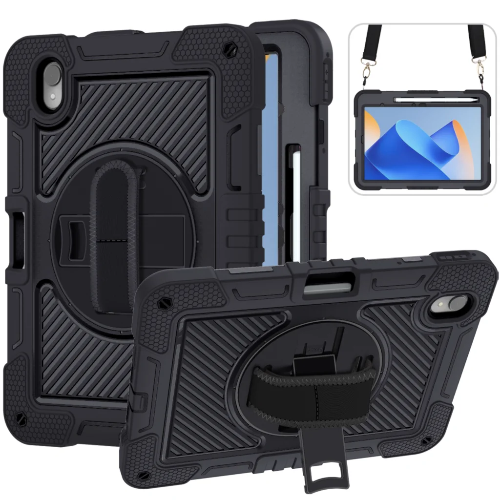 

Hand Strap Case For Huawei MatePad 11 2023 SE 10.4 Kickstand 360 Rotating Cover 3 Layers Multi-Functional Shell With Neck Strap