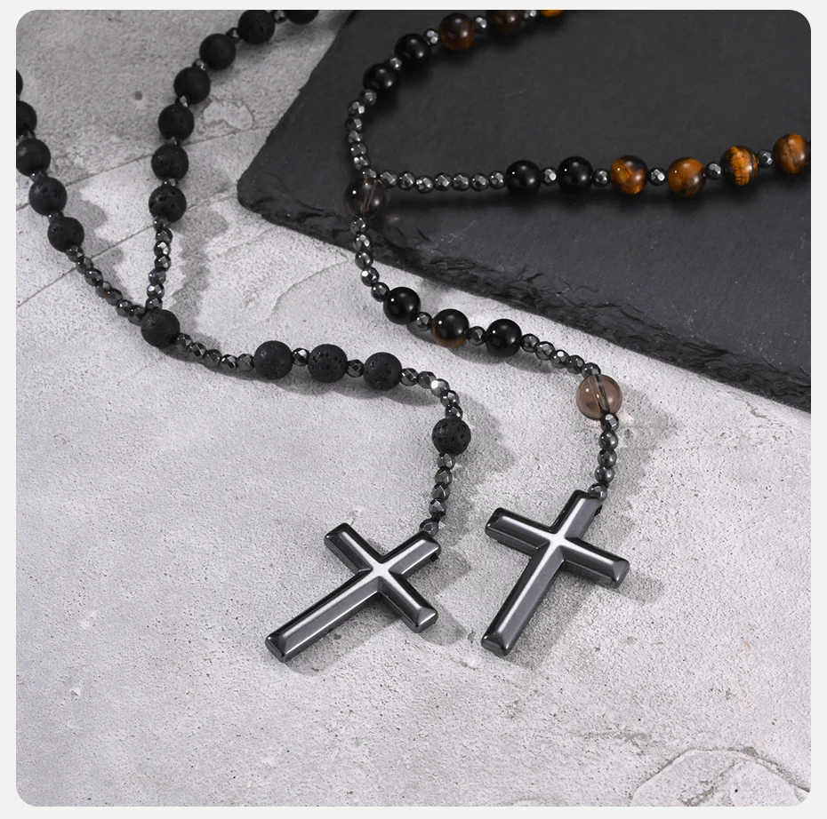Vnox Herren Rosenkranz-Halskette, Hämatit-Kreuzanhänger, Lavastein-Tigerauge-Perlen, lange Kette, religiöser christlicher Gebetsschmuck, Geschenk – Detail 6